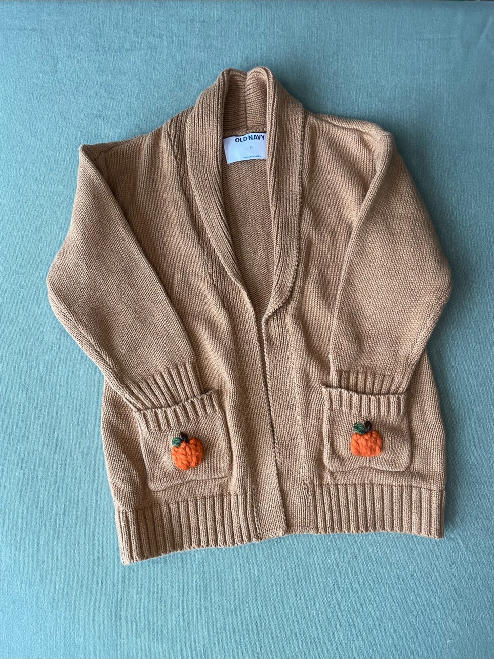 Upcycled Kids Lightweight Open Cardigan Sweater with Hand-Stitched Pumpkin